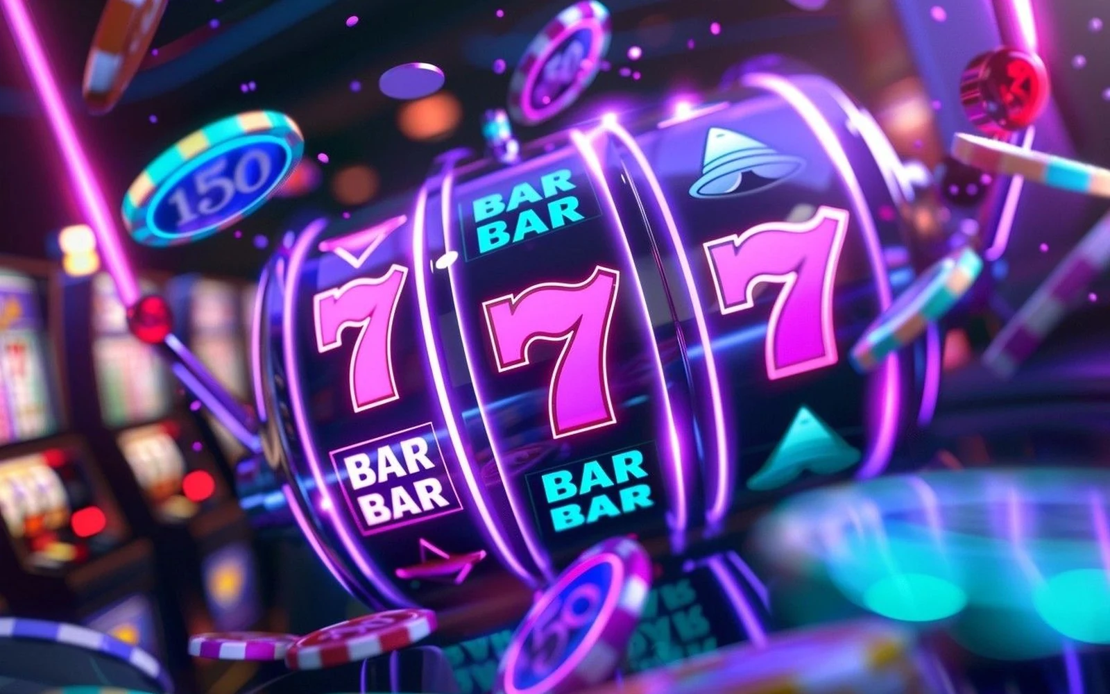 Visual permainan slot dengan reel dan simbol bercahaya